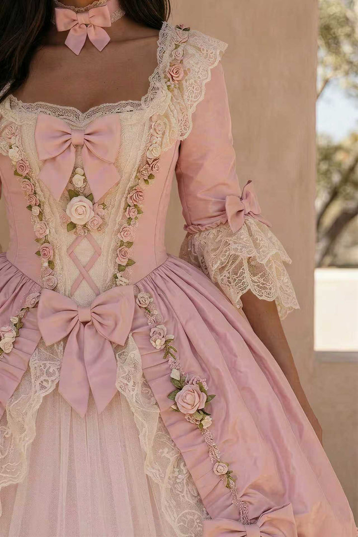 Rococo Pink Satin Ball Gown with Ivory Lace, Floral Embellishments and Ruffled Tulle Skirt Plus Size