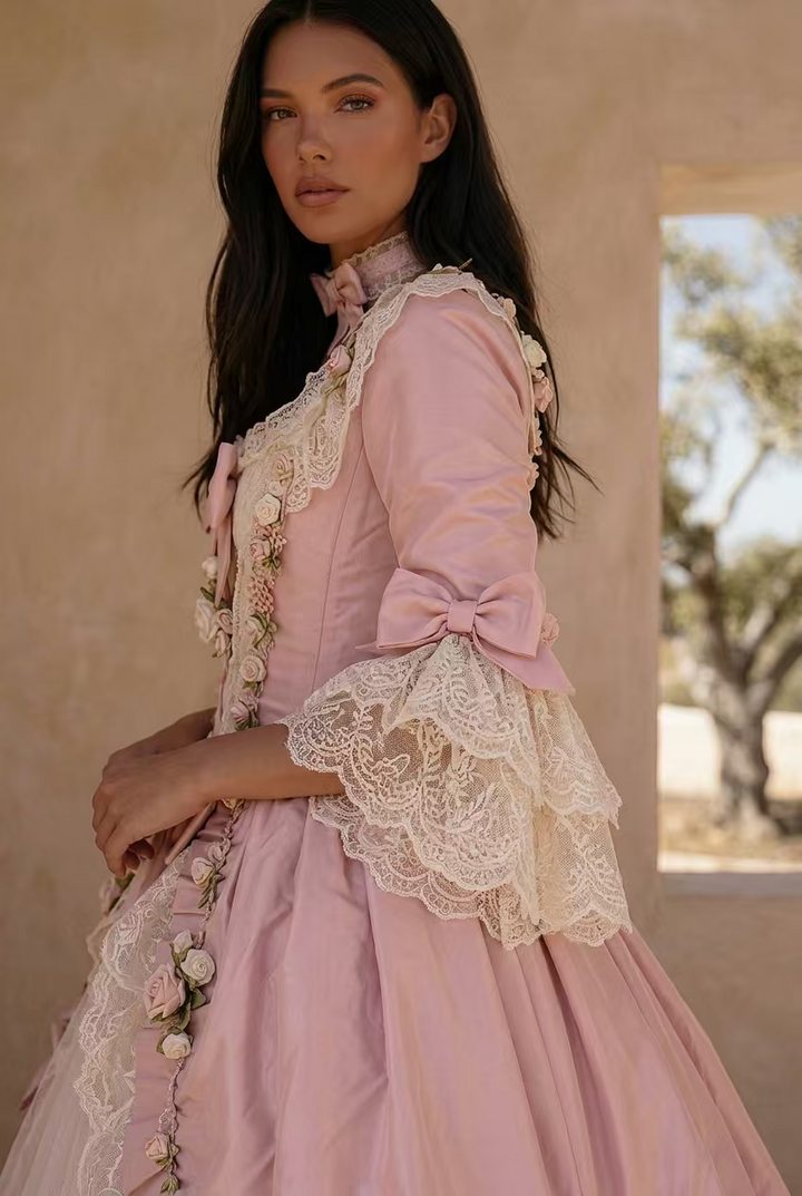Rococo Pink Satin Ball Gown with Ivory Lace, Floral Embellishments and Ruffled Tulle Skirt Plus Size