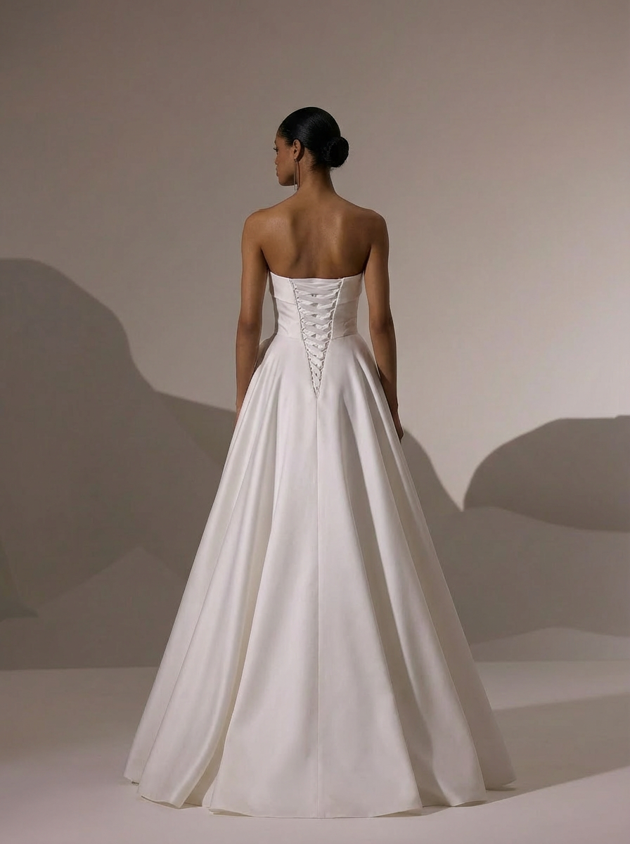 Strapless Satin Wedding Dress with Fold Over Neckline – Simple Satin Wedding Dress with Corset Plus Size