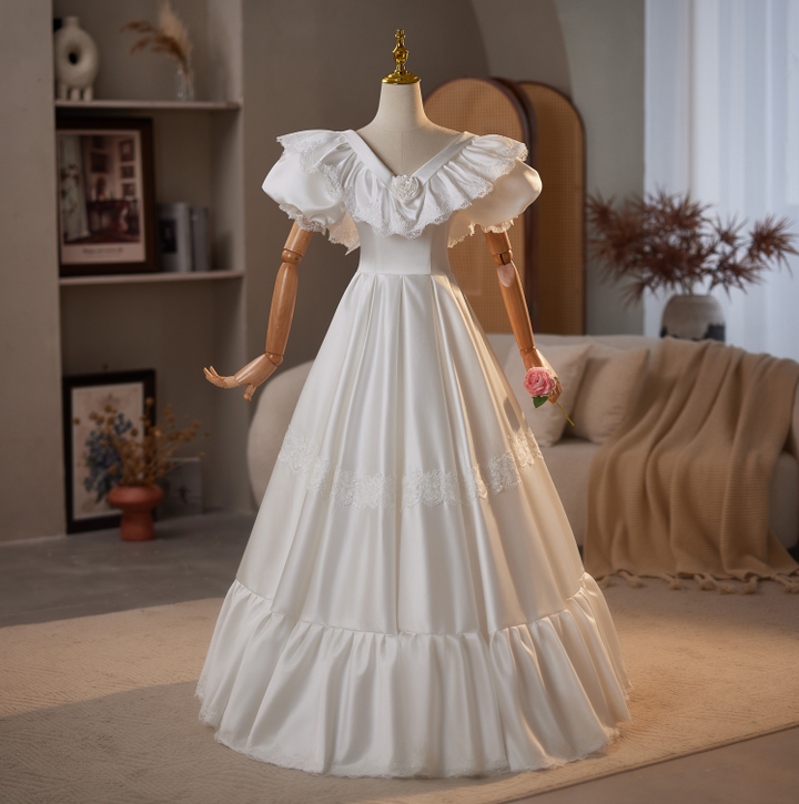 Retro Wedding Dress with Puff Sleeves – Simple Satin Wedding Dress with Ruffle Neckline Plus Size