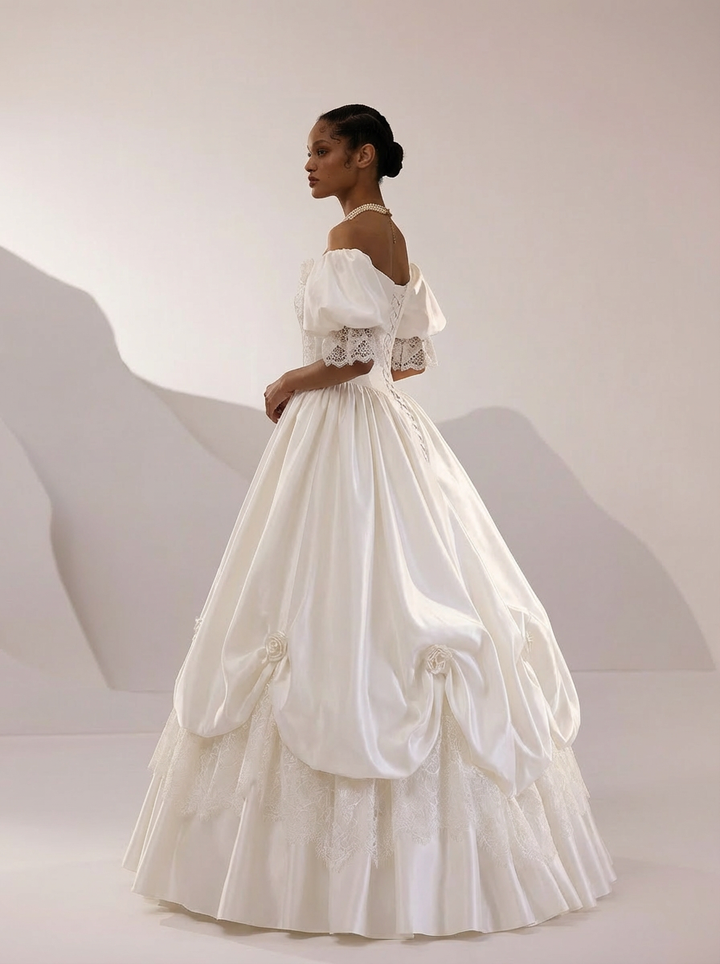 White Satin Wedding Dress with Puff Sleeve –  Lace Wedding Gown Off Shoulder with Ruched Skirt and Corset Plus Size