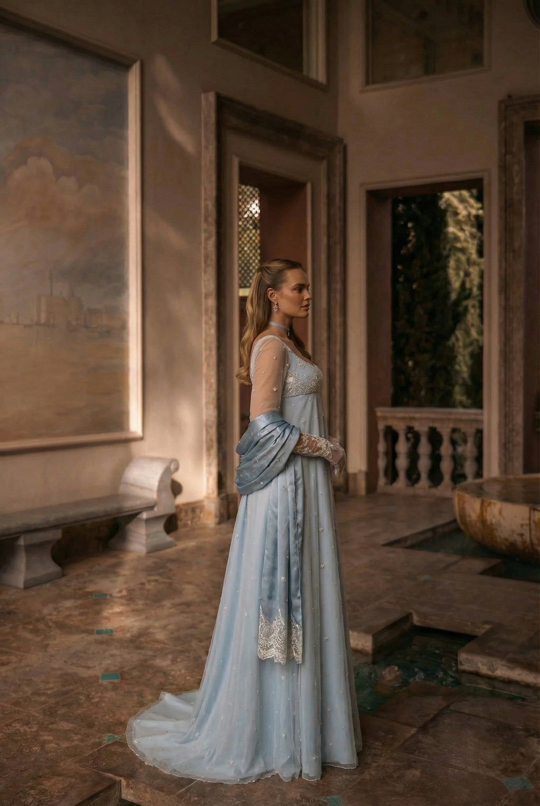 Bridgerton Inspired Daphne Blue Lace Dress Sleeveless - Regency Era Blue Empire Waist Dress Plus Size