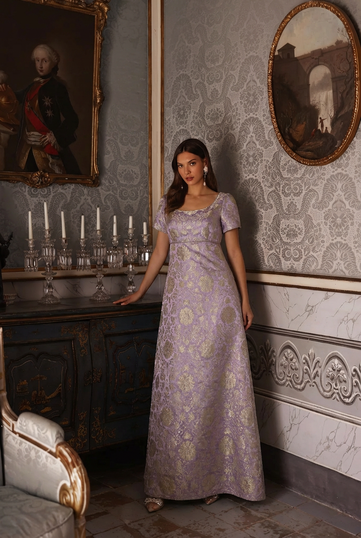 Bridgerton Daphne Purple Jacquard Dress - Regency Era Purple Satin Regency Gown Plus Size