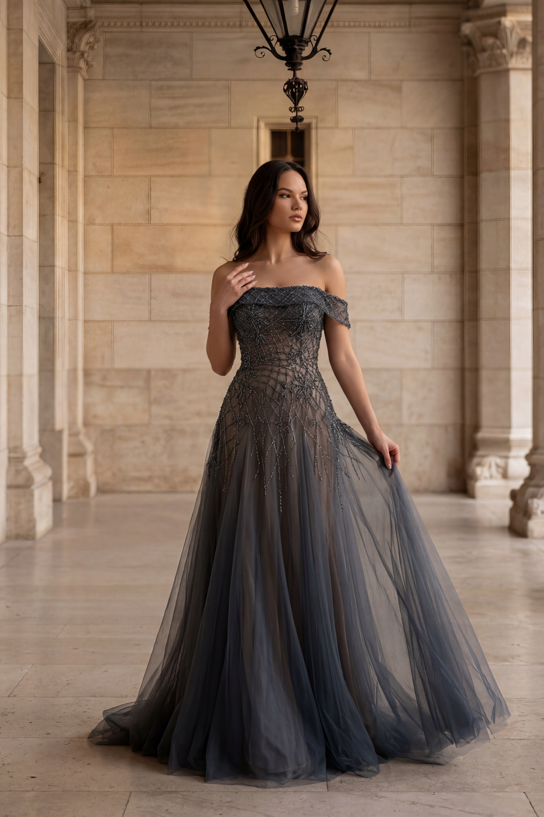 Gothic Charcoal Grey Off-Shoulder Tulle Evening Gown - Pretty Sequin D WonderlandByLilian Gothic Charcoal Grey Off-Shoulder Tulle Evening Gown - Pretty Sequin D WonderlandByLilian