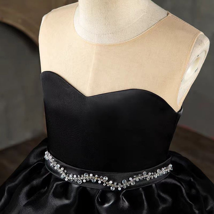 Gothic Black Satin Ruffled Flower Girl Gown with Strapless Design for Special Occasion - Plus Size