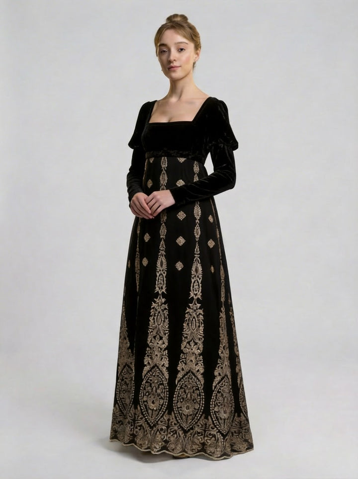 Bridgerton Regency Black Embroidered Velvet Empire Waist Vintage Gown with Baroque Silver Motif Plus Size
