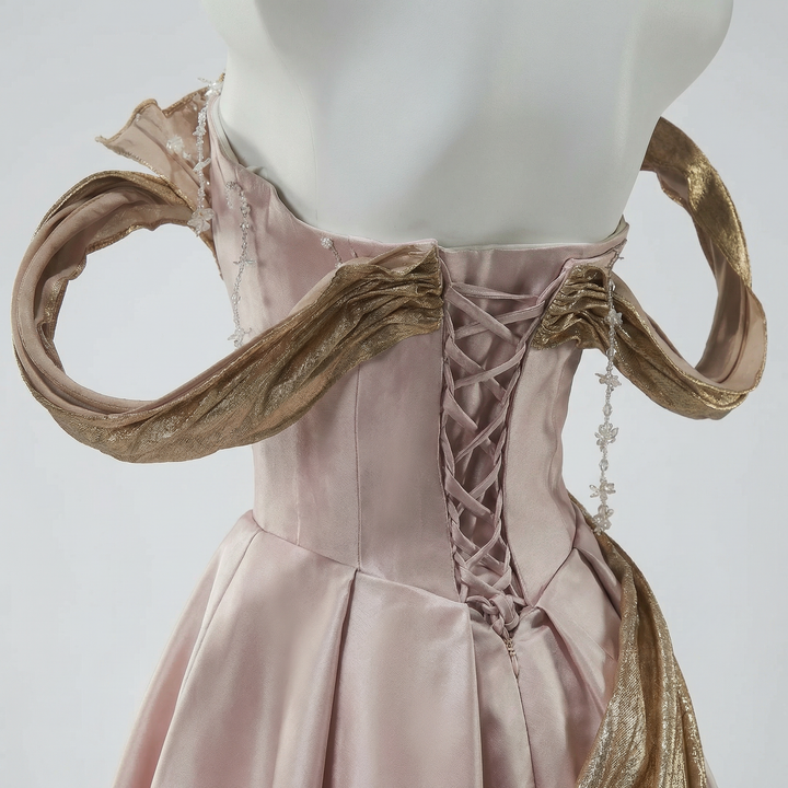 Blush Pink and Gold Evening Dress - Corset Back Wedding Gown with Dramatic Sleeves Plus Size