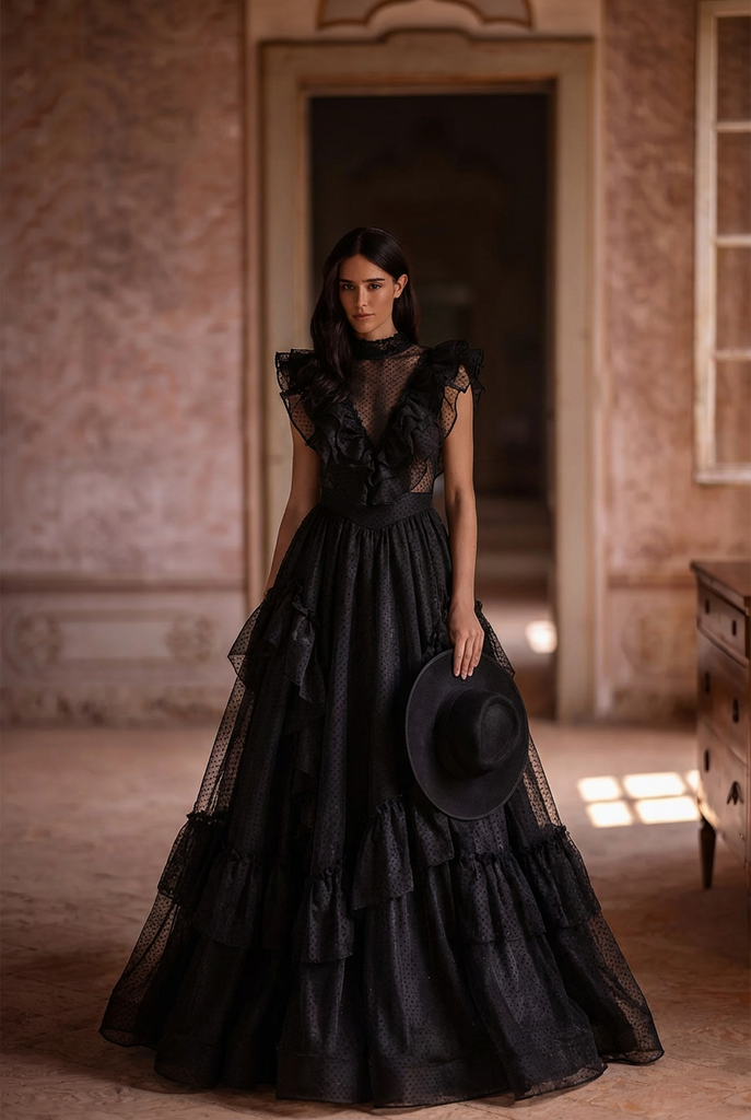 Gunne Sax Inspired Gothic Black Lace Dress - 1980s Style Victorian Gothic Black Wedding Dress