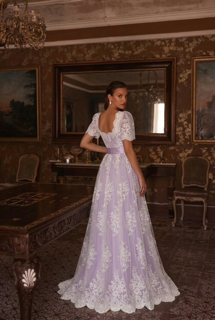 Bridgerton Lavender Regency Dress With Lace- Regency Era Purple Ball Gown Plus Size