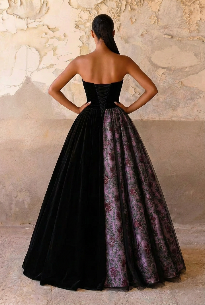 Black and Purple Gothic Wedding Dress With Floral- Sexy Gothic Strapless Ball Gown Plus Size