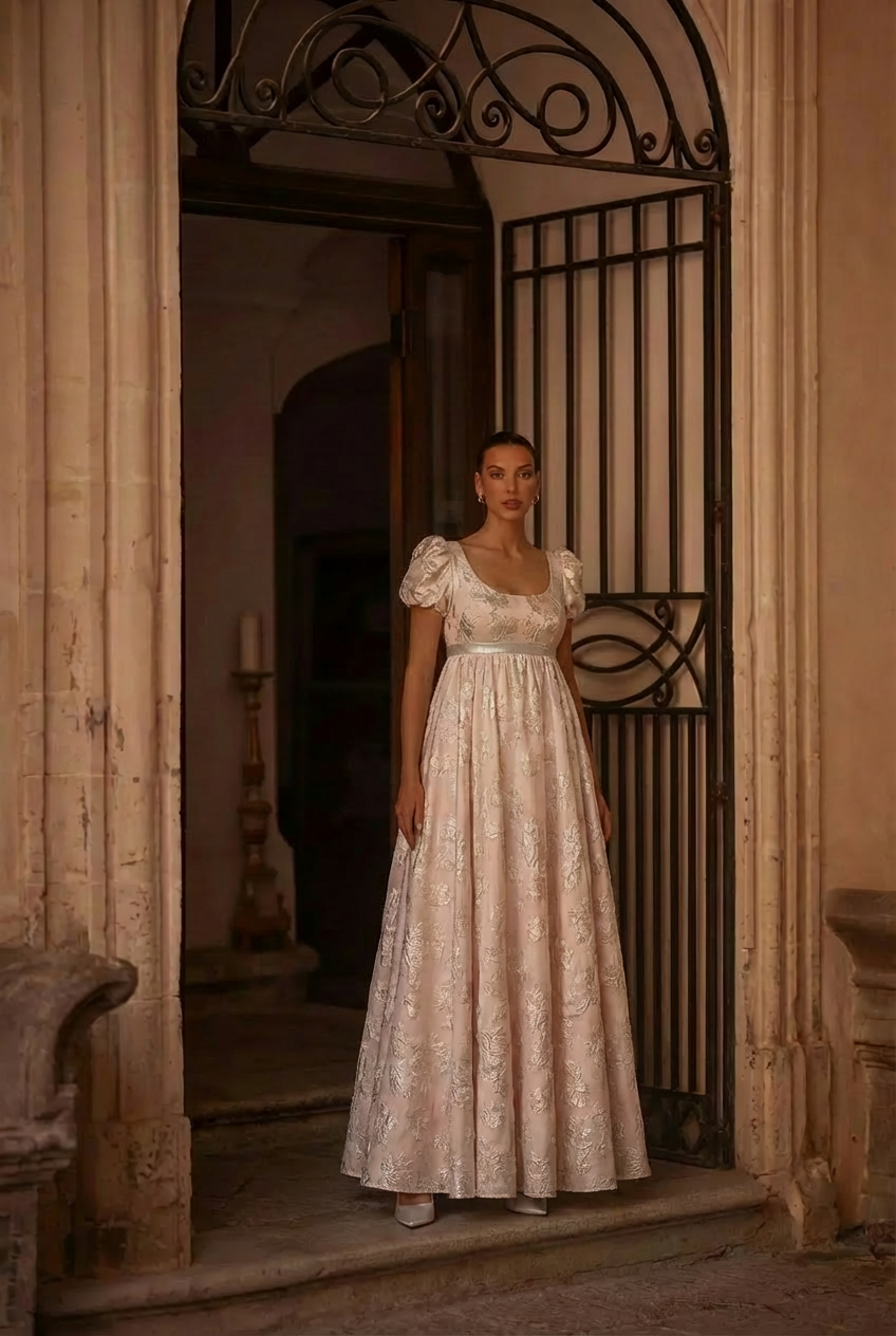 Pink Regency Era Empire Waist Jacquard Gown – Puff Sleeve Vintage Bridgerton Dress Plus Size US20 / Pink / With Shawl
