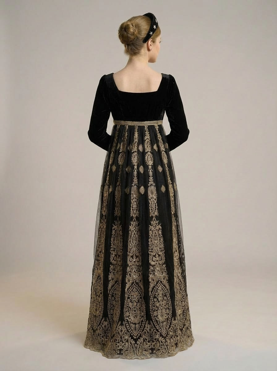Bridgerton Regency Black Embroidered Velvet Empire Waist Vintage Gown with Baroque Silver Motif Plus Size