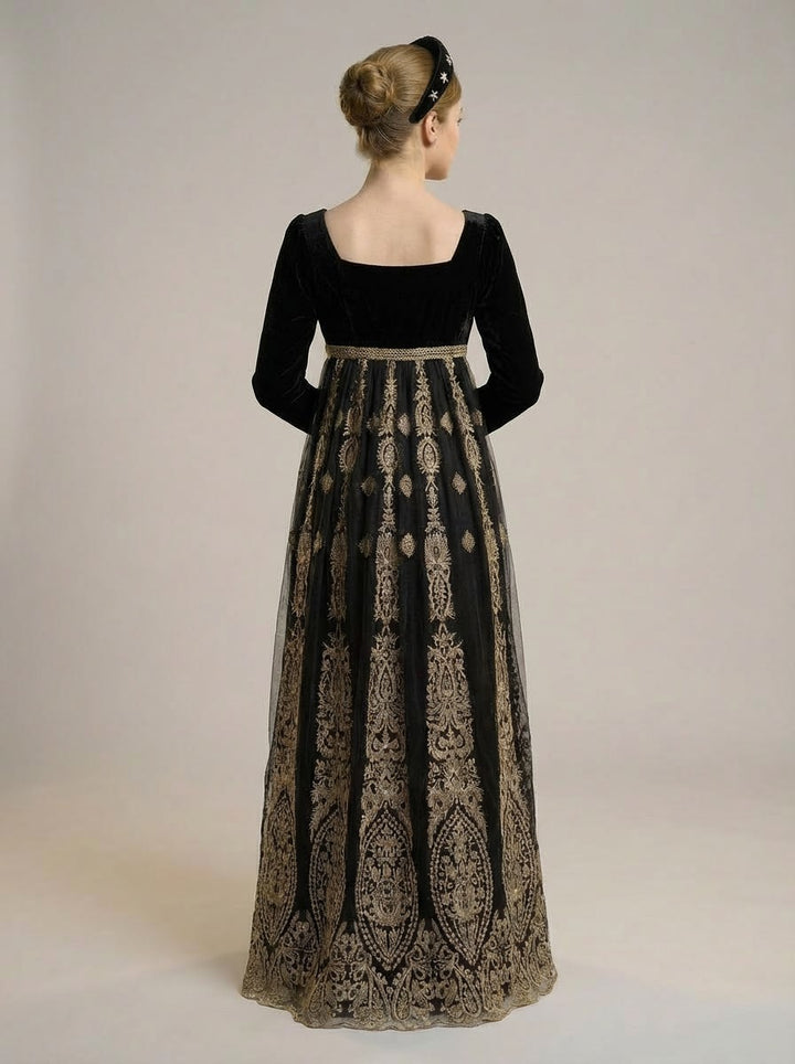 Bridgerton Regency Black Embroidered Velvet Empire Waist Vintage Gown with Baroque Silver Motif Plus Size