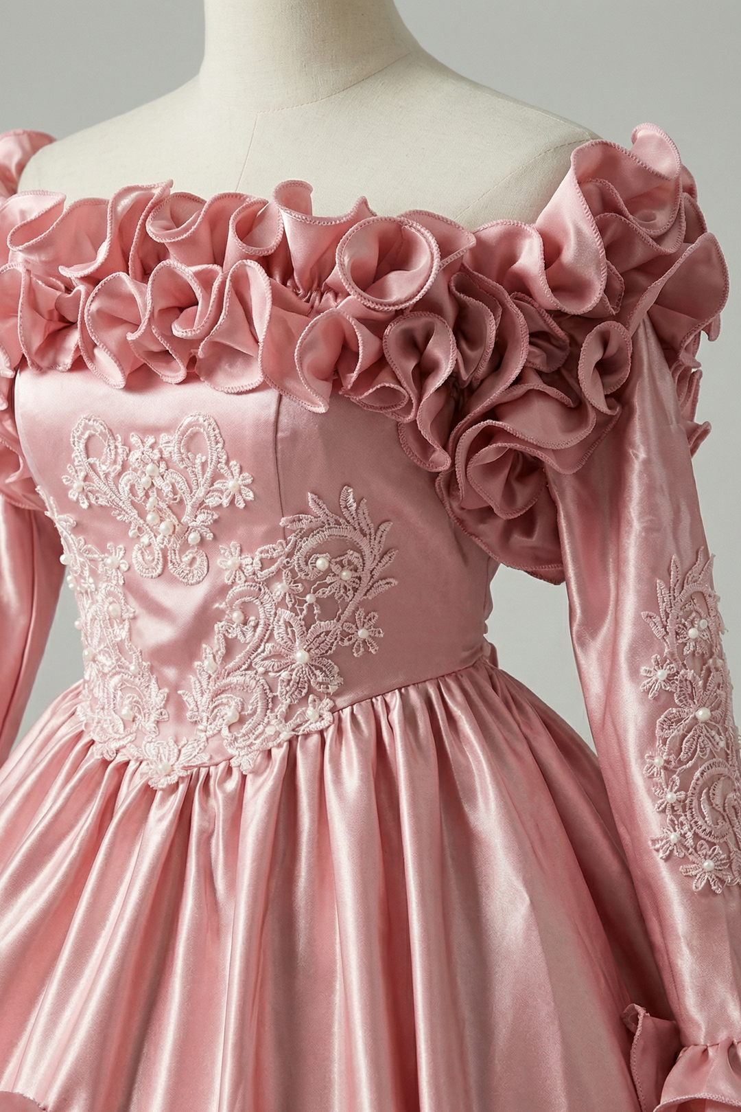 Pink Satin Vintage Antique A-line Ball Gown Wedding Dress with Long Sleeves and Ruffles - Plus Size