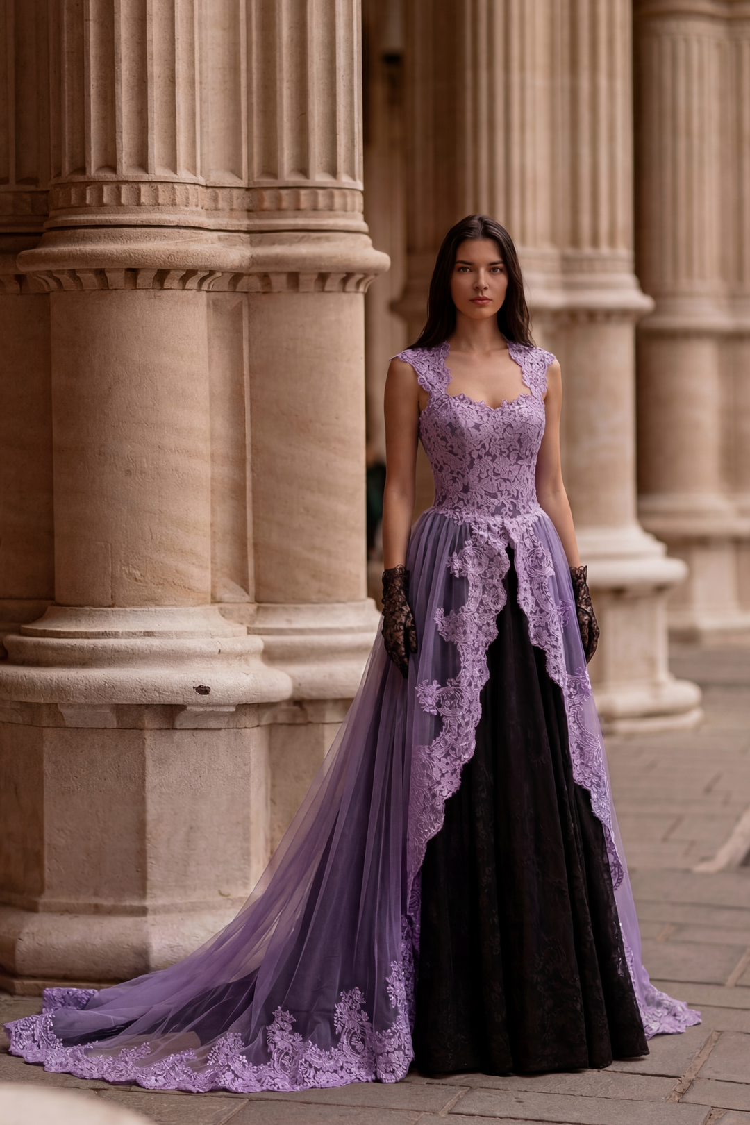 Gothic Purple And Black Wedding Dress With Lace Embroidery A-line Black Ball Gown  Plus Size