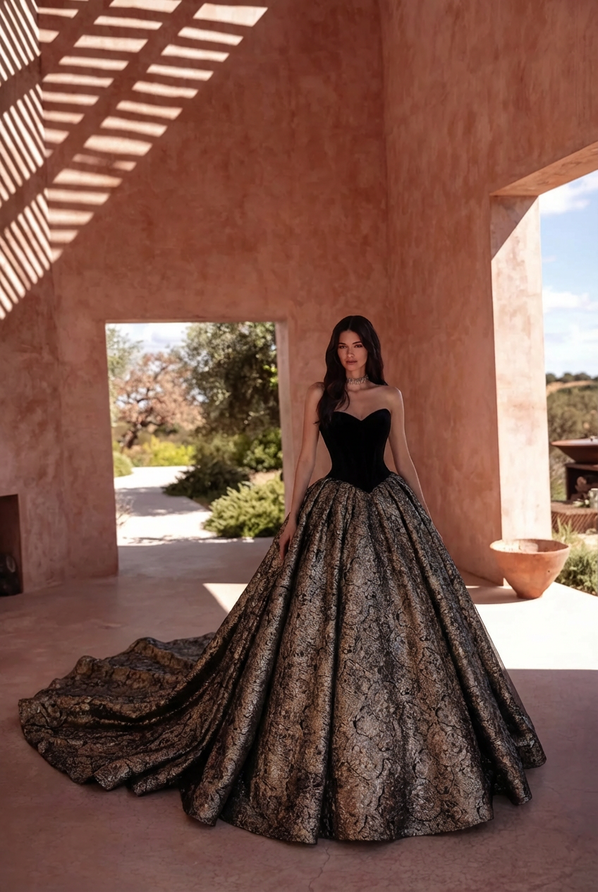 Gothic Black Strapless Wedding Dress With Gold Glitters - Black Evening Dress Ball Gown Plus Size