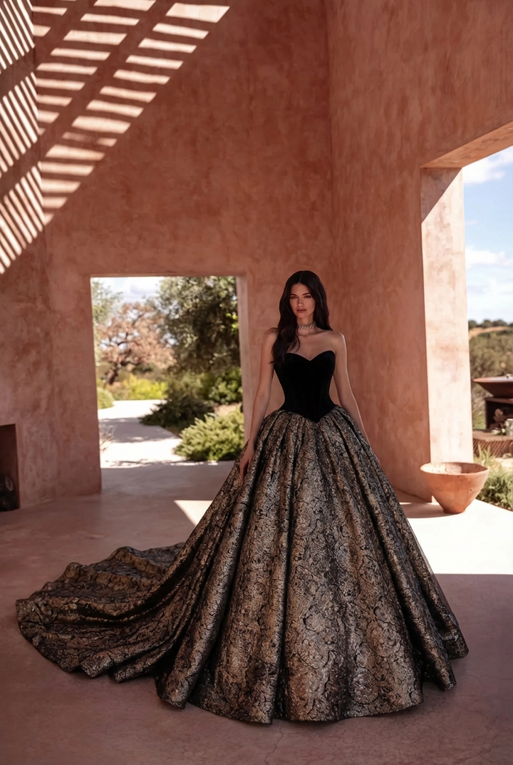 Gothic Black Strapless Wedding Dress With Gold Glitters - Black Evening Dress Ball Gown Plus Size