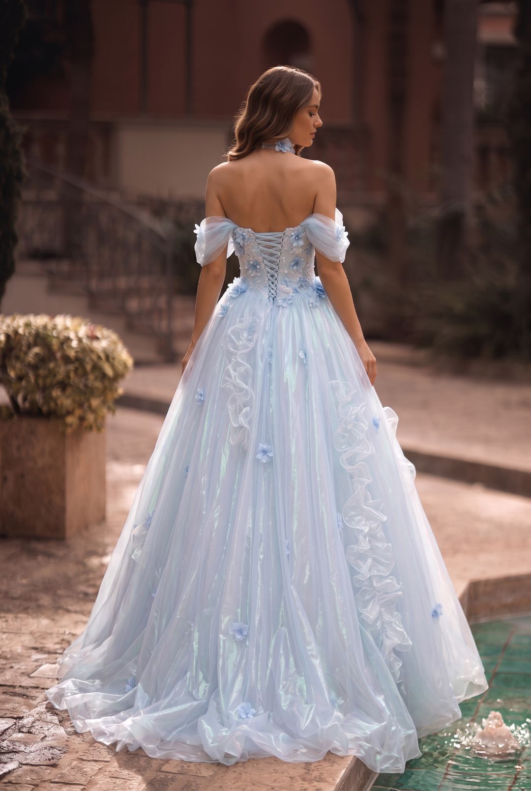 Light Blue Evening Dress with Floral Appliqué Lace Bodice and Iridescent Tulle Ball Gown Skirt Plus Size