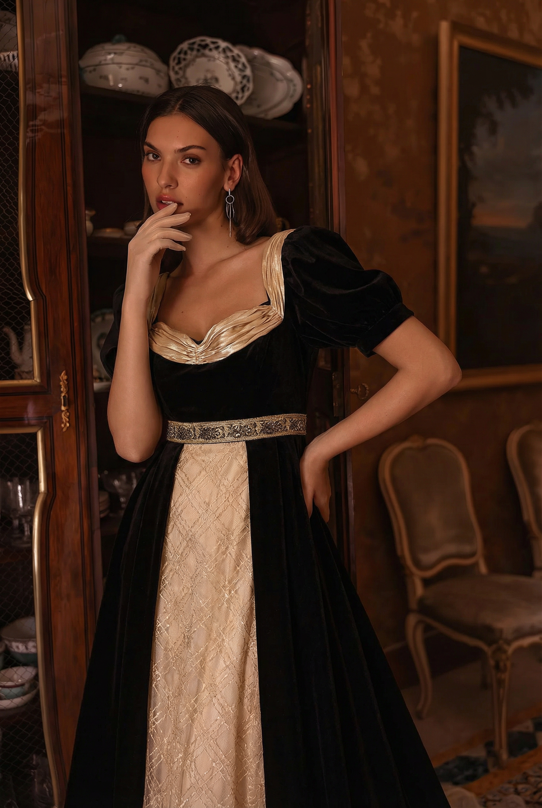 Bridgerton Inspired Regency Era  Black Velvet Ball Gown - Empire Waist Regency  Dress Plus Size