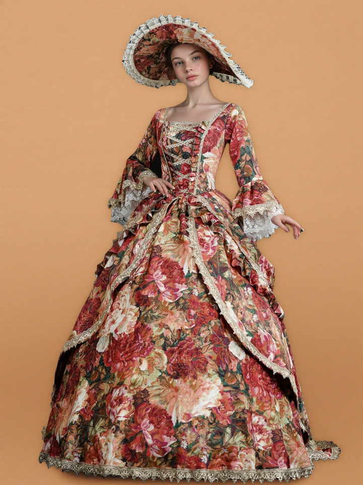 Floral Red Rococo Style Dress with Lace Bell Sleeves – Marie Antoinette Inspired Gown for Costume Ball or Theater