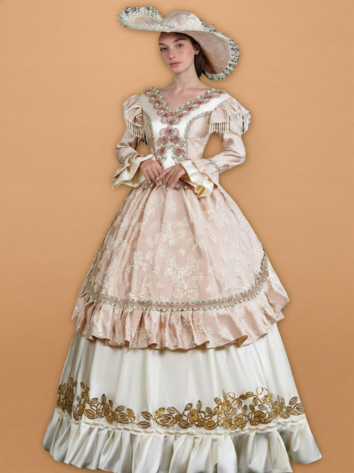 Rococo Pink and Cream Ball Gown Dress – Embroidered Floral Bodice with Frilled Sleeves and Wide Brim Hat
