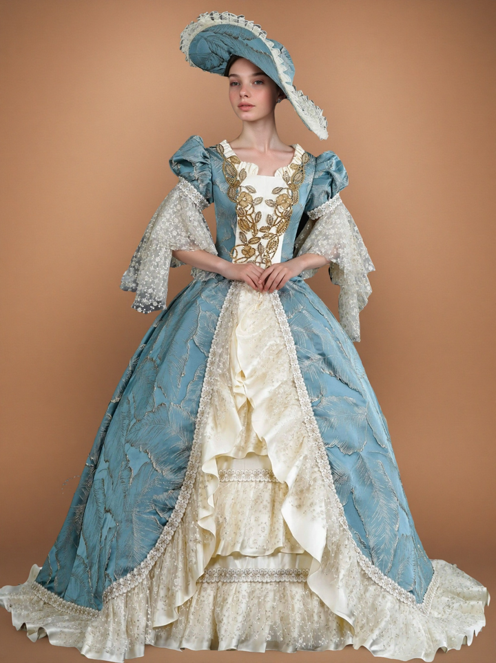 Marie Antoinette Rococo Style Dress in Blue and Ivory with Layered Skirt and Lace Bell Sleeves – Baroque Ball Gown Plus Size