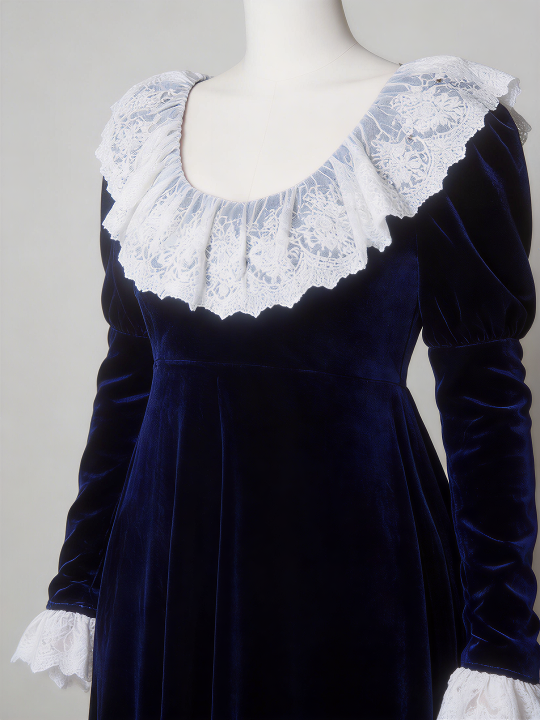Bridgerton Inspired Regency Era Navy Blue Velvet Empire Waist Dress with Gold Lace Collar and Long Sleeves Plus Size