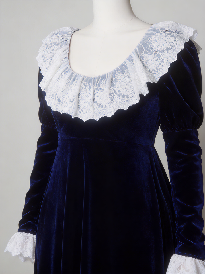 Bridgerton Inspired Regency Era Navy Blue Velvet Empire Waist Dress with Gold Lace Collar and Long Sleeves Plus Size