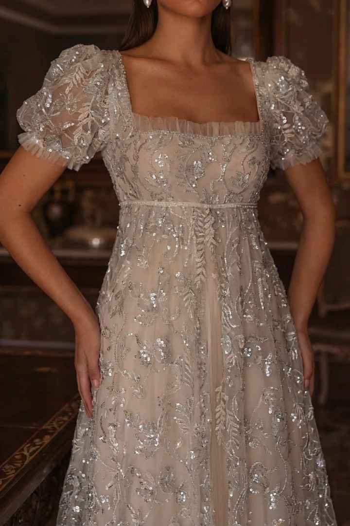 Regency Era Champagne Empire Waist Dress – Sequin Embellished Puff Sleeve Gown Plus Size