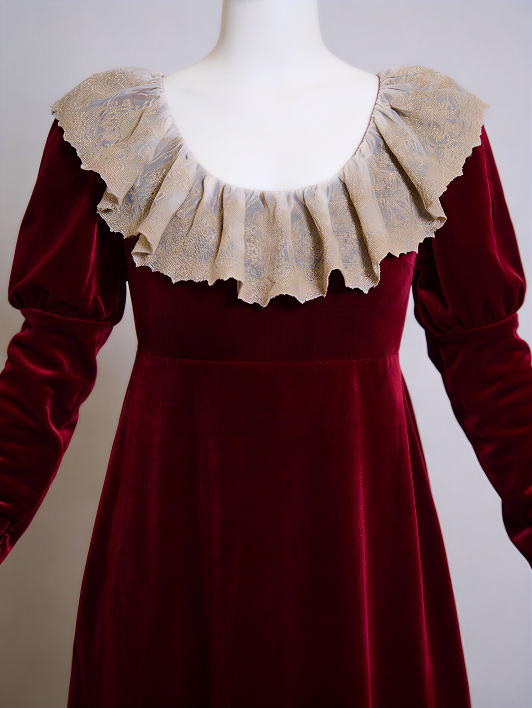 Bridgerton Inspired Regency Era Burgundy Velvet Empire Waist Dress with Gold Lace Collar and Long Sleeves Plus Size