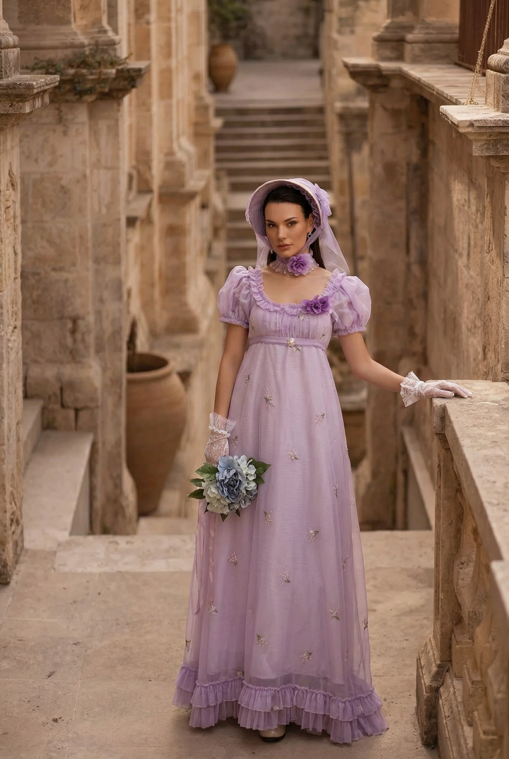 Romantic Lavender Purple Regency Era Embroidered Dress With Ruffle - Empire Waist Dress Plus Size