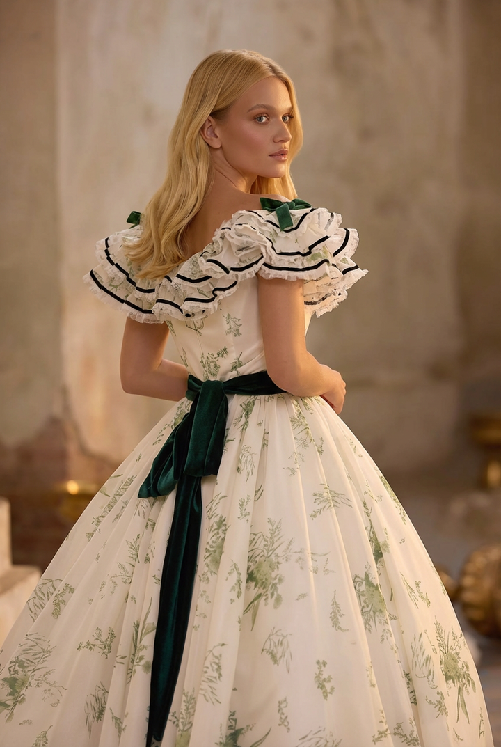 Green and White Embroidered Baroque Dress with Victorian Charm - Rococo Elegance Floral Gown Plus Size