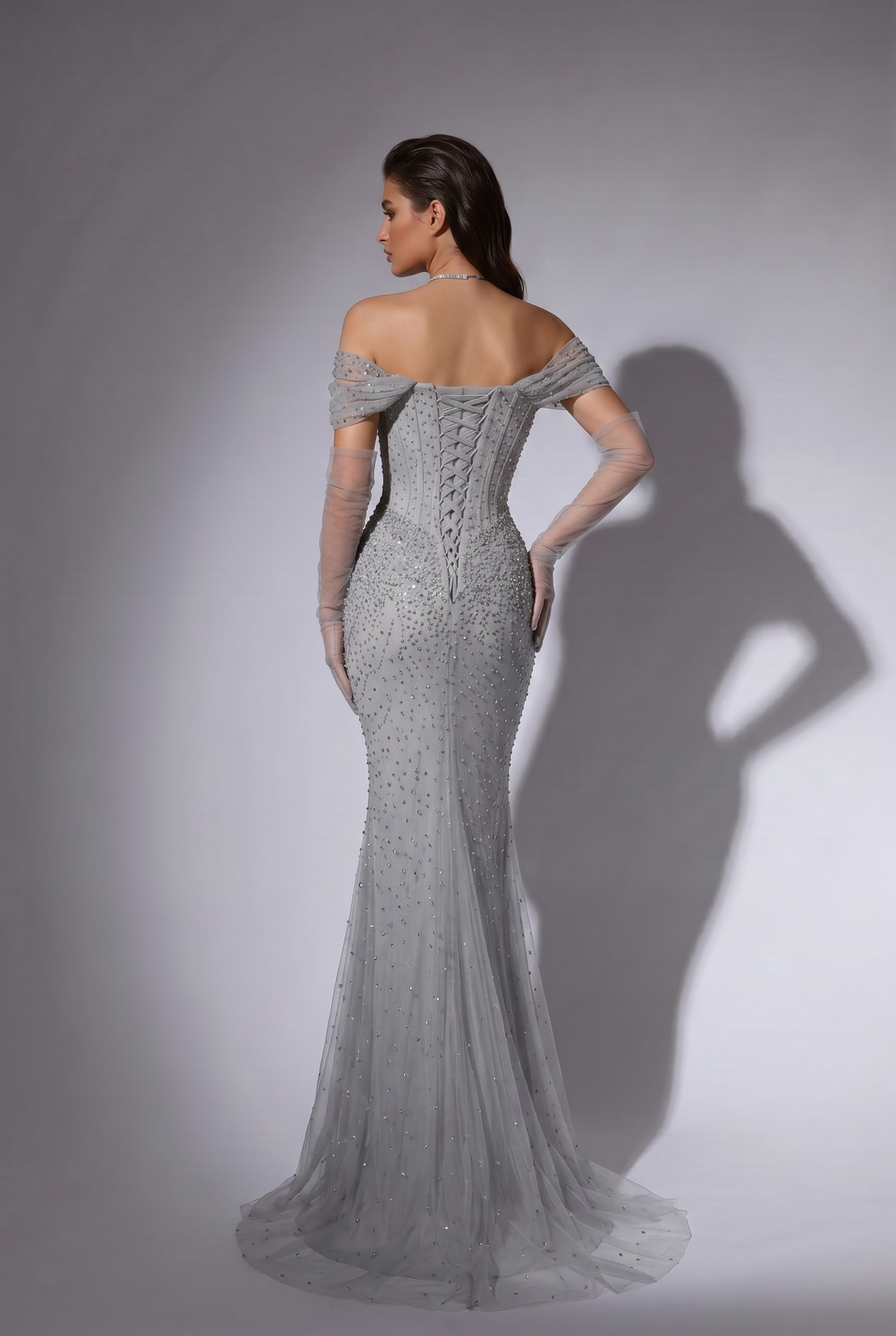 Silver Sequin Evening Gown with Off-Shoulder Sleeves - Elegant Sequined Dress with Draped Skirt Plus Size