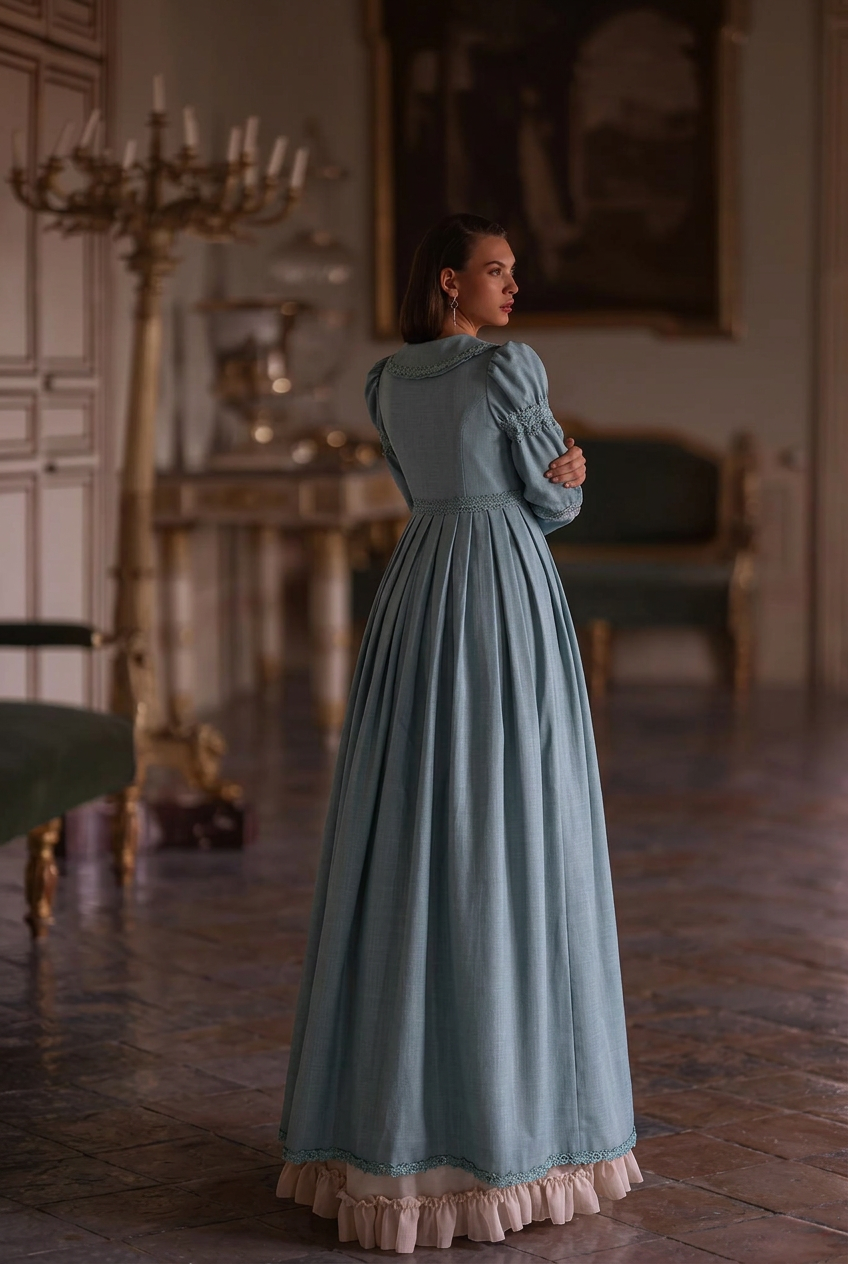 Woman in a long blue dress standing in an elegant room with a chandelier.