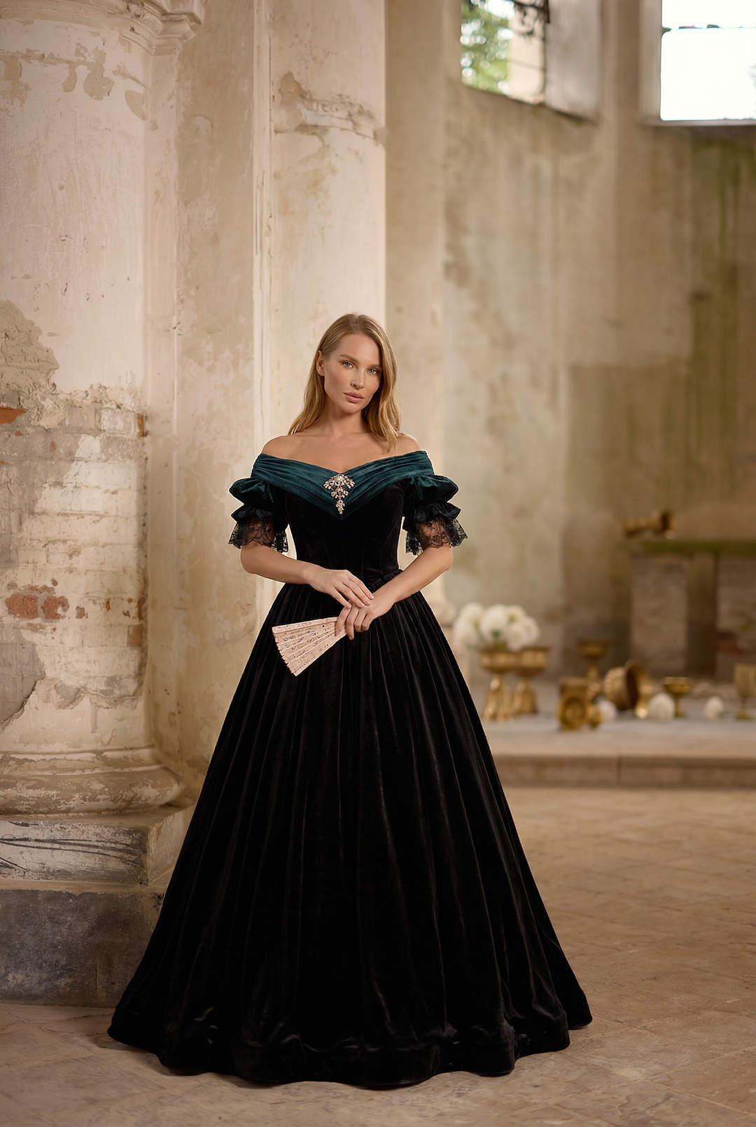 Black Velvet Off-Shoulder Gothic Lolita Ball Gown with Vintage Victori WonderlandByLilian Black Velvet Off-Shoulder Gothic Lolita Ball Gown with Vintage Victori WonderlandByLilian