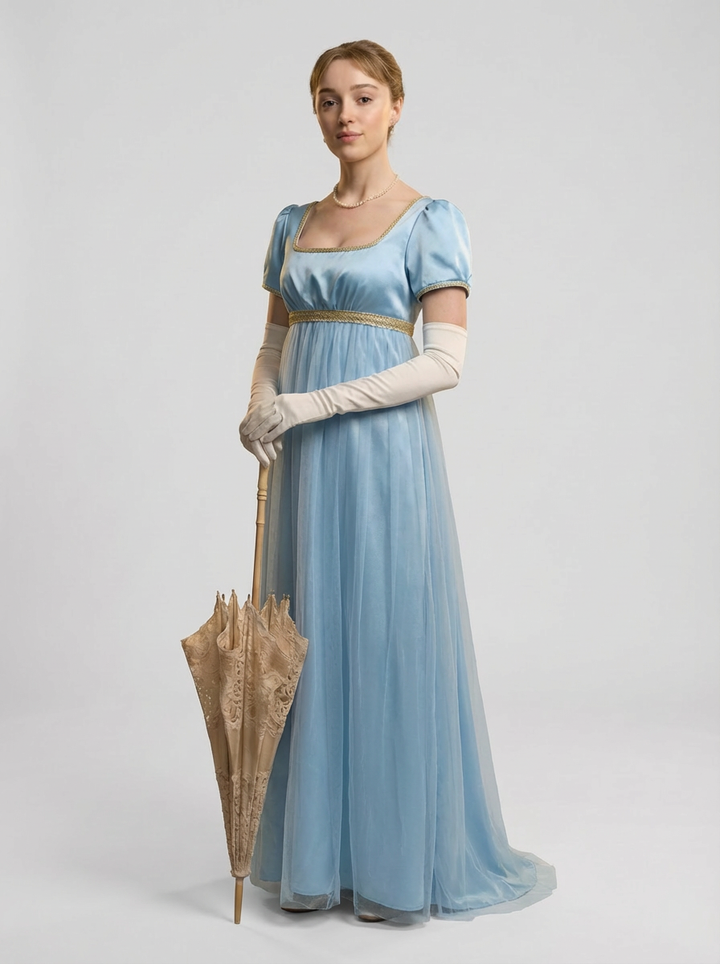 Bridgerton Daphne Blue Dress with Gauze - Regency Era Blue Satin Wedding Dress Plus Size