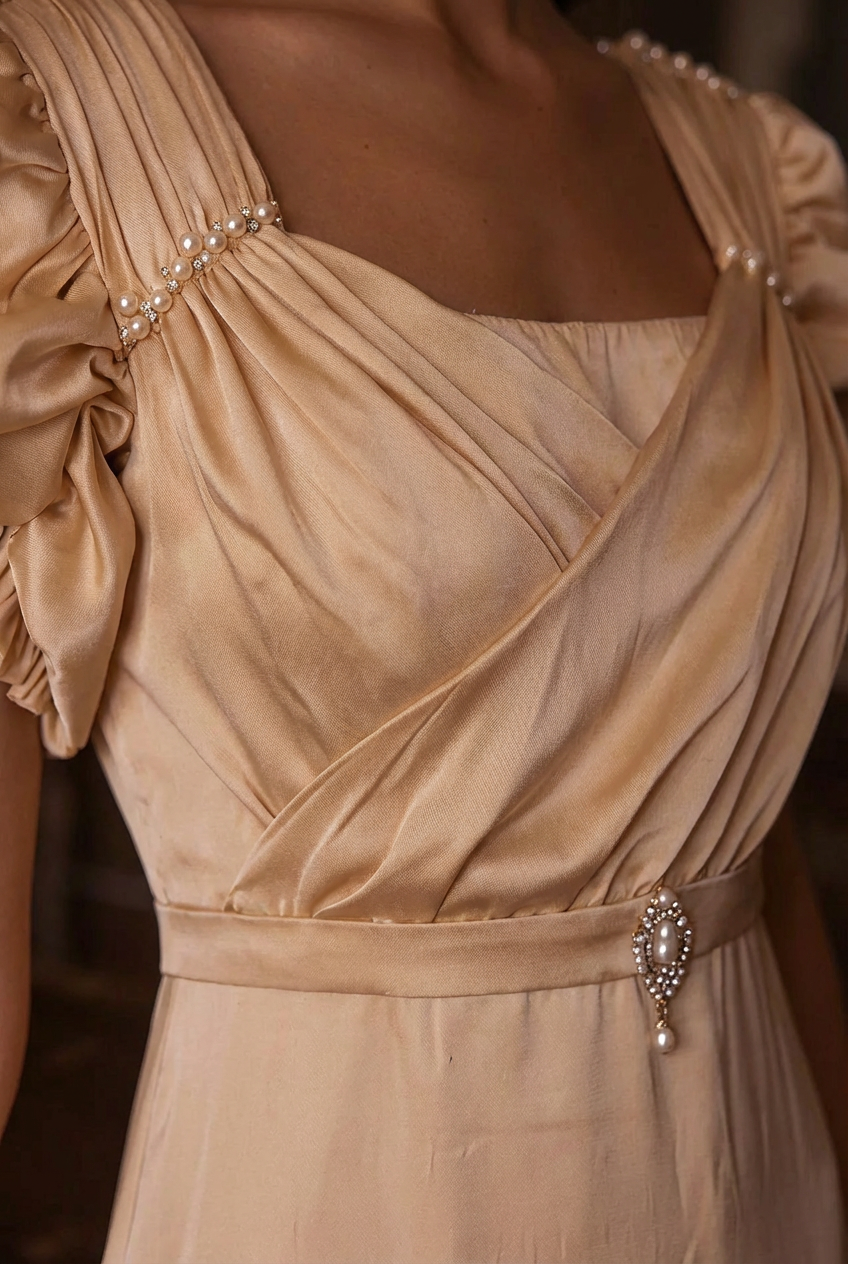 Champagne Regency Era Dress with Elegant Embroidery - Custom Regency Dress with Puff Sleeves and Draped Sash Plus Size
