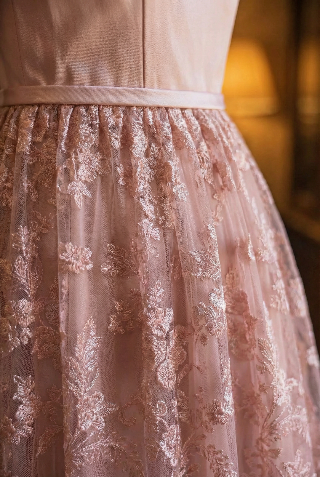 Dusty Pink Regency Era Dress with Pink Floral Lace Overlay - Pink Regency Gown with Puff Sleeves and Tulle Plus Size