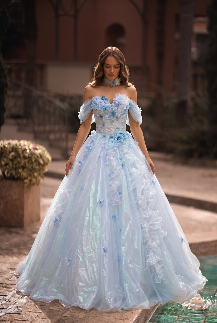 Light Blue Evening Dress with Floral Appliqué Lace Bodice and Iridescent Tulle Ball Gown Skirt Plus Size