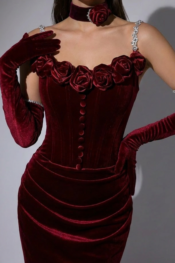 Burgundy Gothic Evening Dress with Floral Appliqué - Elegant Red Evening Gown Plus Size