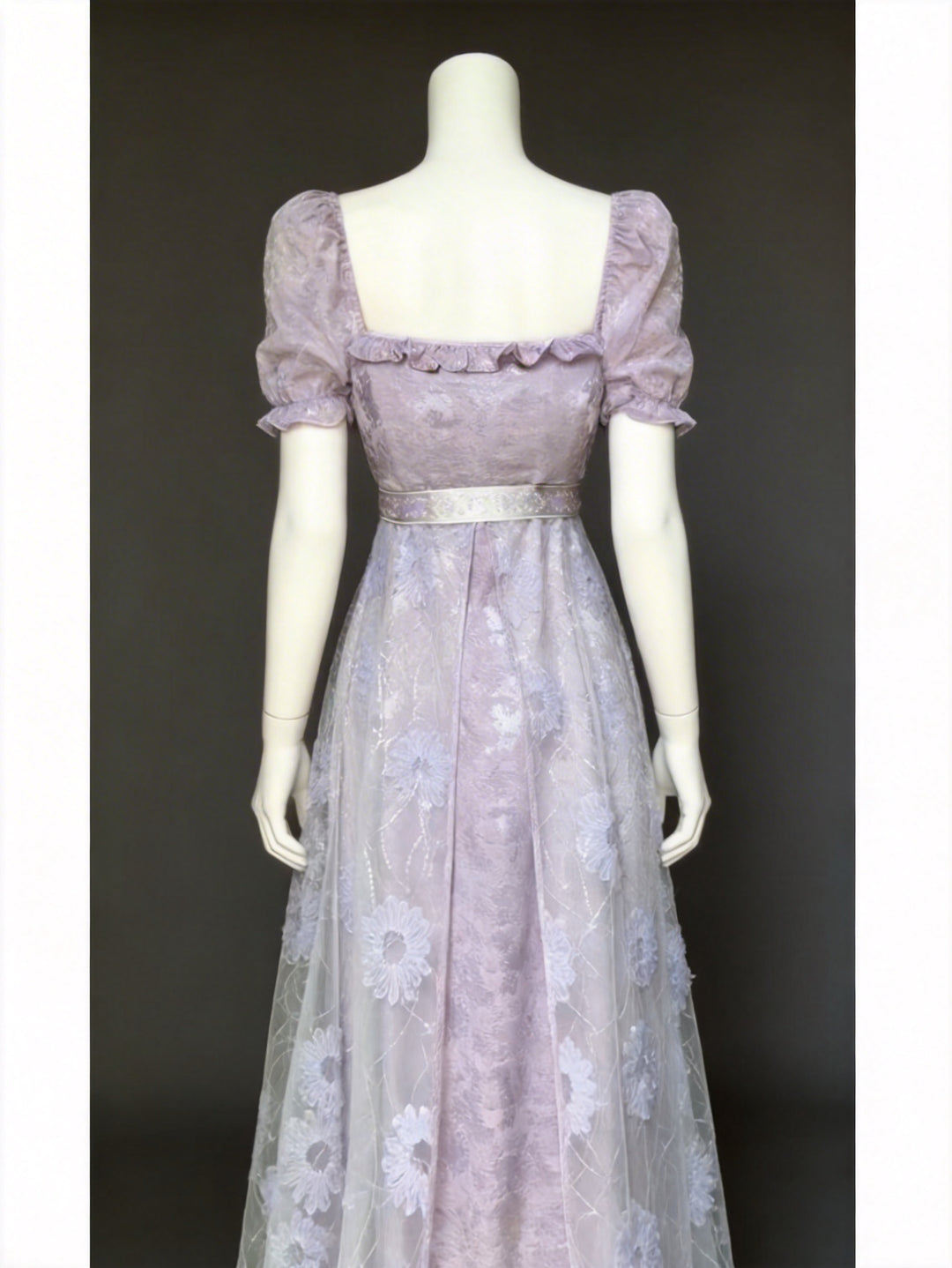 Regency Era Lavender Lace Empire Waist Vintage Gown with Sheer Puff Sleeves and Matching Shawl – Bridgerton Inspired Dress Plus Size