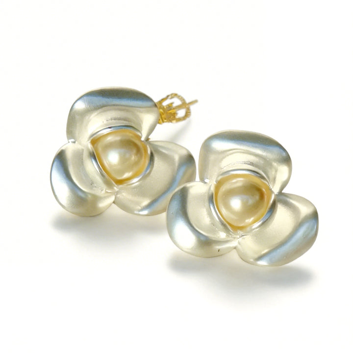 Dew on Petals – Handmade Vintage Pearl Camellia Earrings – Camellia Buds
