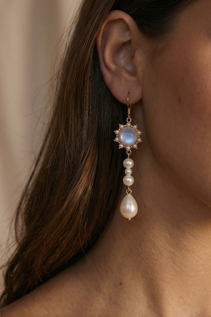 Quinceanera Earrings With Moonstone Pearl - Regency Era Style Earring