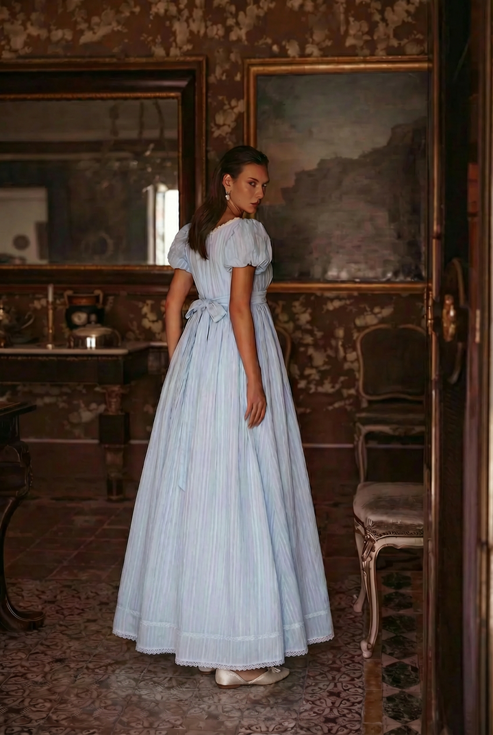 Bridgerton Inspired Regency Era Blue Cotton Dress With Brooch- Regency Ball Gown - Plus Size