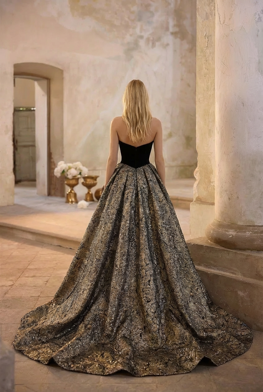 Gothic Black Strapless Wedding Dress With Gold Glitters - Black Evening Dress Ball Gown Plus Size