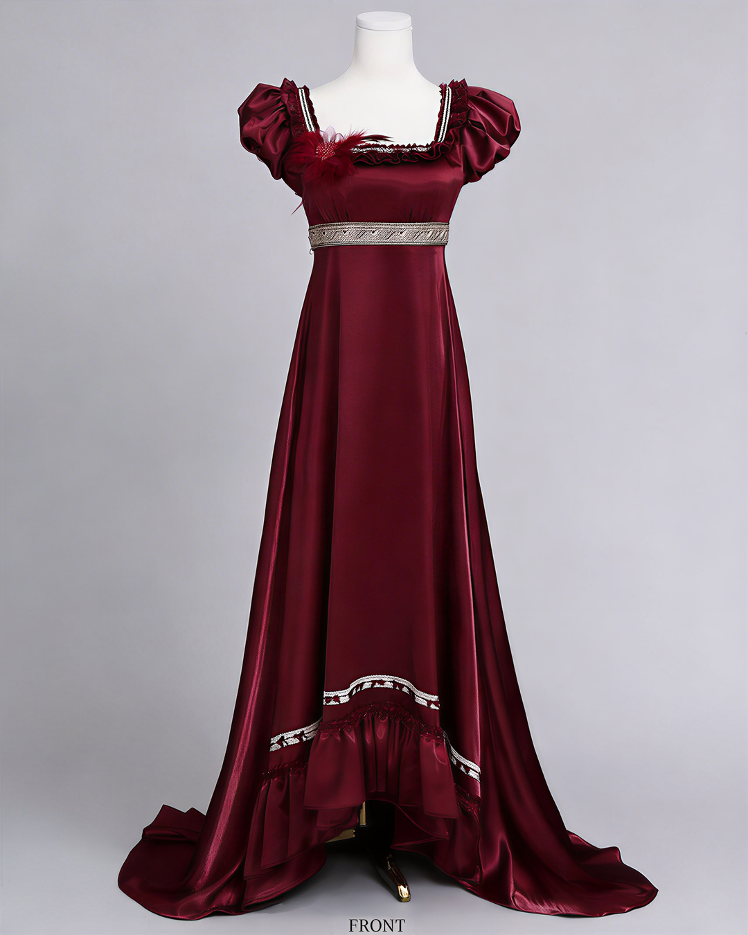 Regency Era Burgundy Satin Empire Waist Vintage Gown with Puff Sleeves WonderlandByLilian Regency Era Burgundy Satin Empire Waist Vintage Gown with Puff Sleeves WonderlandByLilian