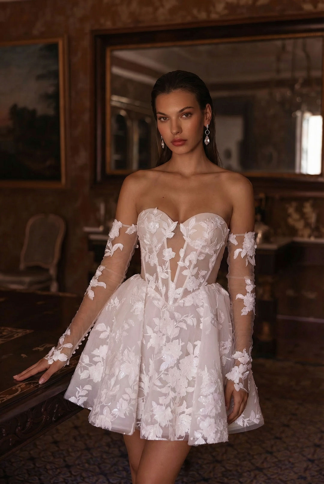 Short Floral Lace Wedding Dress with Corset Bodice and Convertible Sle WonderlandByLilian Short Floral Lace Wedding Dress with Corset Bodice and Convertible Sle WonderlandByLilian