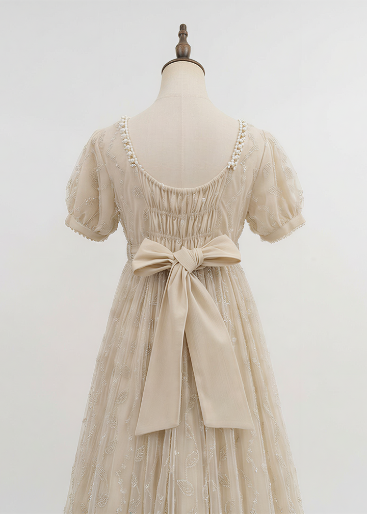 Regency Era Champagne Embroidered Empire Waist Vintage Gown with Puff Sleeves and Beaded Neckline – Bridgerton Inspired Dress Plus Size