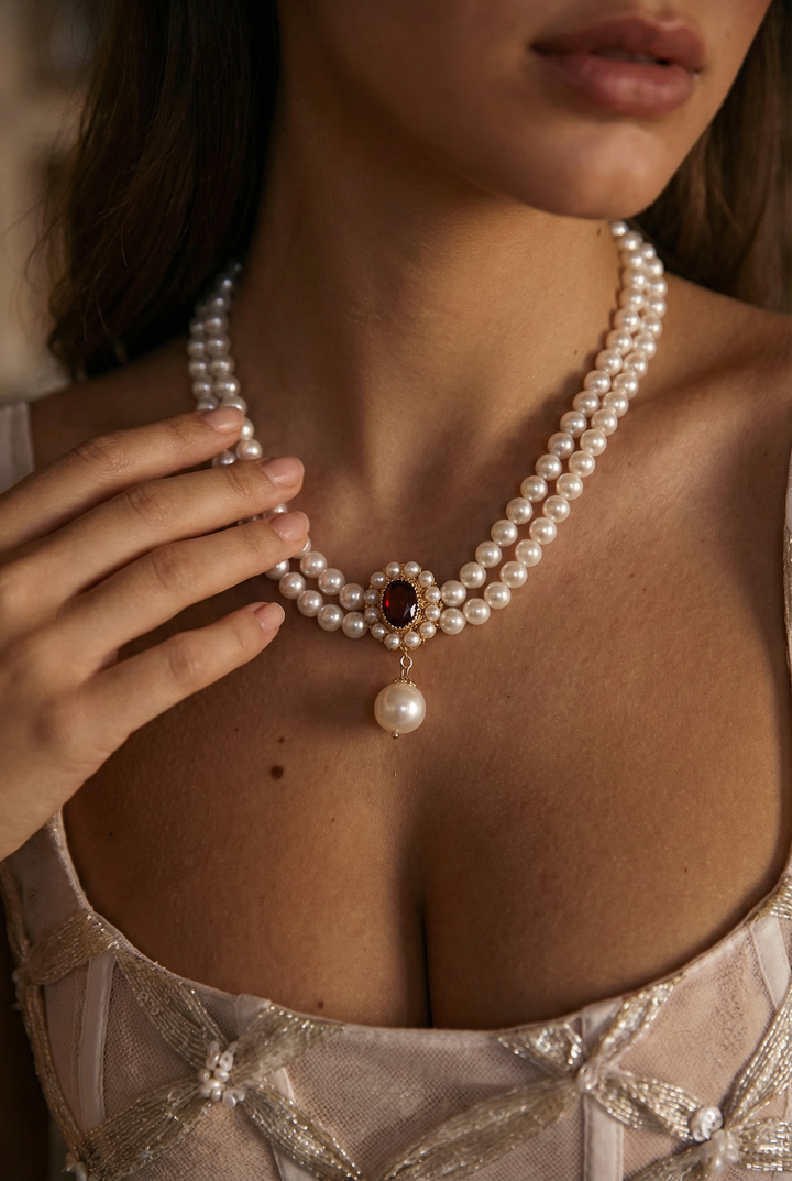Garnet Victorian Drop Pearl Necklace - Regency  Era Double Strand Chocker With Seedless Pearl
