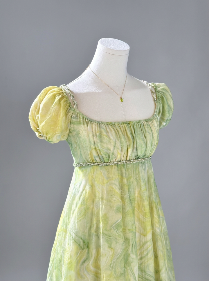 Regency Era Green Butterfly Embroidered Empire Waist Vintage Gown with Puff Sleeves – Bridgerton Inspired Dress Plus Size